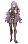  1girl absurdres arms_under_breasts black_footwear blush bodystocking breast_curtains covered_navel crossed_arms full_body highres horin long_hair original purple_hair red_eyes revealing_clothes shoes simple_background skin_tight thigh_strap very_long_hair white_background 