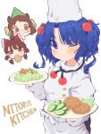  3girls ;) absurdres alternate_costume animal_ears apron blue_eyes blue_hair bow brown_eyes brown_hair chef_hat chibi cucumber eyes_visible_through_hair food from_above futatsuiwa_mamizou green_headwear hair_bobbles hair_ornament hair_tubes hakurei_reimu hat highres kawashiro_nitori leaf leaf_on_head mouth_hold mugi_(mugimugi_9kv) multiple_girls one_eye_closed plate raccoon_ears simple_background smile solo_focus touhou white_background 