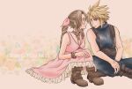  1boy 1girl aerith_gainsborough bangle bangs bare_shoulders blonde_hair blue_eyes blue_pants blue_shirt boots bracelet braid braided_ponytail breasts brown_bear_(kemono_friends) brown_footwear brown_hair character_name choker cloud_strife dress final_fantasy final_fantasy_vii final_fantasy_vii_remake flower_choker full_body hair_ribbon happy_birthday highres indian_style jewelry long_dress long_hair looking_at_another medium_breasts pants parted_bangs pink_background pink_dress pink_ribbon ribbon shirt short_hair sidelocks sitting sleeveless sleeveless_turtleneck spiked_hair suspenders toe2727 turtleneck wavy_hair 