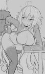  absurdres ahoge angry bent_over bikini breasts caenis_(fate) cleavage cup dark-skinned_female dark_skin fate/grand_order fate_(series) frown highres jeanne_d&#039;arc_alter_(fate) jeanne_d&#039;arc_alter_(swimsuit_berserker)_(fate) large_breasts looking_back monochrome sally_(luna-arts) skirt standing sweat swimsuit thigh_strap thighhighs white_hair 