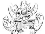  2022 4:3 4_fingers alien antennae_(anatomy) anthro biped bridge claws disney eating experiment_(lilo_and_stitch) fan_character finger_claws fingers greyscale horn k-41 lilo_and_stitch macro monochrome open_mouth open_smile simple_background smile solo tongue tongue_out tyrnn white_background 