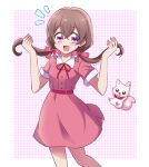  1girl absurdres bangs brown_hair collared_dress delicious_party_precure dress hakuchuu highres kome-kome_(precure) long_hair nagomi_yui open_mouth pink_dress precure purple_eyes short_sleeves smile solo twintails 