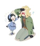  1boy 1girl bangs black_gloves black_hair blonde_hair blunt_bangs blush_stickers bonnet crying gloves hassel_(pokemon) highres jacket jamong jewelry long_hair long_sleeves necktie open_mouth pantyhose pendant pokemon pokemon_(game) pokemon_sv poppy_(pokemon) red_necktie shirt short_hair smile 