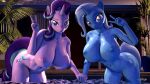  3d_(artwork) anthro anthrofied anthroponiessfm big_breasts breasts cleavage clothed clothing digital_media_(artwork) duo equid equine featureless_crotch female friendship_is_magic gesture hand_holding hasbro hi_res horn mammal my_little_pony nipples nude starlight_glimmer_(mlp) trixie_(mlp) unicorn v_sign water 