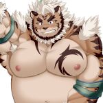  anthro belly biceps eyebrows felid fur hair hi_res hombretigre homohomofever lifewonders male mammal musclegut navel nipples pantherine pecs solo striped_body striped_fur stripes tattoo thick_eyebrows tiger tokyo_afterschool_summoners video_games white_hair 