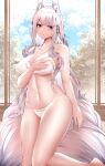  1girl absurdres animal_ear_fluff animal_ears arm_at_side azur_lane bangs blue_sky bra breasts cleavage collarbone commentary_request covering covering_breasts grey_eyes highres large_breasts long_hair looking_at_viewer navel panties samip shinano_(azur_lane) sidelocks sky solo stomach tail thighs tree underwear underwear_only very_long_hair white_bra white_hair white_panties window 