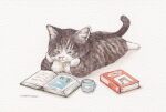  animal_focus animal_print bell book cat commentary_request cup fish_print mirin_(mirin_4) mug neck_bell no_humans original painting_(medium) reading traditional_media watercolor_(medium) 