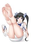  1girl absurdres barefoot black_hair blue_bow blue_bowtie blue_eyes bow bowtie commission dress dungeon_ni_deai_wo_motomeru_no_wa_machigatteiru_darou_ka feet feet_up flip-flops foot_focus foreshortening hair_ribbon hestia_(danmachi) highres legs long_hair looking_at_viewer oirin panties parted_lips pencil_dress pixiv_commission presenting_foot ribbon sandals short_dress simple_background sitting soles solo thighs toes twintails underwear white_background white_dress white_panties 