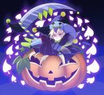  1girl :3 alternate_costume blonde_hair closed_mouth clownpiece club_(shape) cosplay deltarune green_footwear hair_ornament hat highres jack-o&#039;-lantern jevil jevil_(cosplay) legs_up looking_at_viewer pants purple_eyes scythe shoes sitting smile solo striped striped_pants touhou x_hair_ornament yassy 