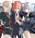  3girls absurdres adjusting_clothes adjusting_necktie ahoge artoria_pendragon_(fate) bangs belt belt_buckle black_dress black_jacket black_necktie black_pants black_ribbon black_shirt black_shorts blazer blonde_hair blue_coat breasts buckle chip_le_cree closed_mouth coat collared_shirt command_spell commentary_request dress excalibur_morgan_(fate) fate/grand_order fate_(series) formal fujimaru_ritsuka_(female) fujimaru_ritsuka_(female)_(royal_brand) fur-trimmed_coat fur-trimmed_sleeves fur_trim grin hair_between_eyes hair_ribbon highres holding holding_sword holding_weapon jacket jeanne_d&#039;arc_alter_(fate) jeanne_d&#039;arc_alter_(ver._shinjuku_1999)_(fate) jewelry large_breasts long_hair long_sleeves looking_at_viewer multiple_girls necklace necktie open_clothes open_coat open_jacket orange_eyes orange_hair pants ponytail ribbon saber_alter saber_alter_(ver._shinjuku_1999)_(fate) shirt short_shorts shorts smile suit sword thighs weapon white_belt white_hair white_shirt yellow_eyes 