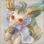  bow brown_eyes cape clothed_pokemon commentary_request framed frills grey_background leaf leafeon looking_at_viewer momomo12 pokemon signature striped striped_bow yellow_fur 