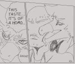  anon_(snoot_game) anthro bald bodily_fluids comic dialogue dinosaur dromaeosaurid duo english_text face_lick featureless_face goodbye_volcano_high hair headphones headphones_around_neck hi_res humor jojo&#039;s_bizarre_adventure licking long_snout male open_mouth parody pupils raidak5 reed_(gvh) reptile scalie slit_pupils snoot_game_(fan_game) snout speech_bubble sweat text theropod tongue tongue_out velociraptor video_games 