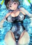  1girl absurdres bangs black_hair black_one-piece_swimsuit blush breasts brown_eyes collarbone commentary_request competition_swimsuit covered_navel highleg highres large_breasts looking_at_viewer mole mole_under_eye nose_blush ogata_tei one-piece_swimsuit open_mouth original partially_submerged pool smile solo swimming swimsuit taut_clothes taut_swimsuit thighs wet wide_hips 
