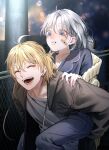  1boy 1girl ^_^ ahoge bandaid bandaid_on_face blonde_hair blue_eyes blurry blurry_background brown_hoodie carrying closed_eyes commentary_request ear_piercing earrings gauze grey_hair happy highres hood hood_down hoodie hospital_gown jewelry light_particles long_hair looking_at_another medium_hair mugi_oyasumi open_clothes open_hoodie open_mouth original piercing piggyback shirt tearing_up teeth tongue white_shirt 