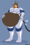  air_inflation anthro armor belly big_belly blitz_(road_rovers) blush brown_body brown_fur canid canine canis collar domestic_dog fur hand_on_stomach hi_res hose inflation male mammal road_rovers solo v1sage 