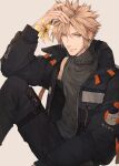  1boy 1o8k alternate_costume black_jacket black_pants blonde_hair blue_eyes cloud_strife earrings feet_out_of_frame final_fantasy final_fantasy_vii final_fantasy_vii_remake flower grey_background grey_shirt hair_between_eyes hand_in_own_hair highres holding holding_flower jacket jewelry light_blush light_smile lily_(flower) long_sleeves looking_at_viewer male_focus moogle pants shirt short_hair single_earring sitting sleeveless sleeveless_turtleneck solo spiked_hair thigh_strap turtleneck twitter_username yellow_flower 