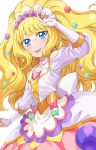  1girl :d absurdres back_bow bangs blonde_hair blue_eyes blunt_bangs blush bow bridal_gauntlets choker collarbone commentary cure_finale delicious_party_precure detached_sleeves diadem dress eyelashes hair_ornament happy high_ponytail highres jewelry kasai_amane layered_dress long_hair long_sleeves looking_at_viewer magical_girl open_mouth pink_choker precure ring sharumon simple_background smile solo very_long_hair white_background white_bow 