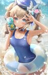  1girl absurdres alternate_costume armpits bangs barbara_(genshin_impact) beach blue_eyes blue_one-piece_swimsuit blurry choker collarbone commentary_request cup depth_of_field doyamona drink drinking_glass drinking_straw food fruit genshin_impact hair_between_eyes hat hat_ornament highres holding holding_cup ice ice_cube innertube leaning_forward lemon lemon_slice light_brown_hair long_hair looking_at_viewer ocean school_swimsuit sidelocks sleeveless smile solo starfish swimsuit twintails wet wet_clothes wet_swimsuit 