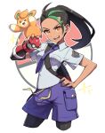  1girl :d backpack bag black_hair black_pantyhose collared_shirt commentary_request eyelashes gloves green_hair hand_on_hip highres holding holding_poke_ball kuroi_susumu multicolored_hair necktie nemona_(pokemon) open_mouth orange_eyes pantyhose pawmi poke_ball poke_ball_(basic) pokemon pokemon_(creature) pokemon_(game) pokemon_sv ponytail purple_necktie purple_shorts shirt shorts single_glove smile streaked_hair teeth tongue two-tone_hair upper_teeth 