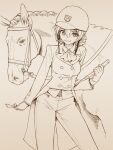  1girl ascot braid buttons contrapposto double-breasted girls_und_panzer gloves hat holding horse long_sleeves looking_at_viewer monochrome orange_pekoe_(girls_und_panzer) pants riding_crop sabaku_chitai smile solo tailcoat traditional_media 