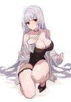 absurdres arm_up bangs bare_shoulders black_footwear blush breasts choker coat grey_hair hand_on_own_chest high_heels highres kneeling large_breasts long_hair long_sleeves looking_at_viewer one_knee open_clothes open_mouth original red_eyes sitting thigh_strap thighs very_long_hair white_background white_coat yajuu 