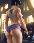  1girl ass bare_arms black_hair breasts from_behind infi midriff mikasa_ackerman muscular muscular_female scar scar_on_cheek scar_on_face shingeki_no_kyojin short_hair solo sports_bra standing 