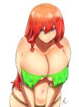  1girl :/ bangs bikini blue_eyes braid breasts cleavage closed_mouth collarbone eyes_visible_through_hair gigantic_breasts green_bikini hair_between_eyes highres hong_meiling koyubi_(littlefinger1988) leaning_forward long_bangs long_hair looking_at_viewer navel red_hair signature simple_background skindentation solo stomach swimsuit touhou twin_braids very_long_hair white_background 