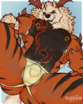  2022 anthro arcanine balls biped black_body black_fur black_sclera blue_background border bulge butt claws clothing digital_media_(artwork) ear_piercing ear_ring finger_claws fur generation_1_pokemon genital_outline genitals hi_res jockstrap jockstrap_only low-angle_view male markings multicolored_body multicolored_fur muscular muscular_male nintendo nipple_piercing nipple_ring nipples orange_body orange_fur pecs penis_outline phinnherz piercing pokemon pokemon_(species) red_markings ring_piercing simple_background solo tan_body tan_fur underwear video_games white_border yellow_eyes 