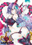  1girl arim0k0 bangs black_fundoshi blunt_bangs breasts chinese_clothes detached_sleeves dudou earrings fate/grand_order fate_(series) groin heart highres horns jewelry looking_at_viewer makeup marker_(medium) navel oni_horns purple_eyes purple_hair sample_watermark short_hair shuten_douji_(fate) simple_background solo star_(symbol) star_print traditional_media white_background wide_sleeves 