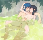  1boy 1girl bathing batterbee black_hair blue_hair blush breasts closed_eyes commission commissioner_upload couple female_pubic_hair fire_emblem fire_emblem:_genealogy_of_the_holy_war french_kiss girl_on_top hetero highres holding_hands hug kiss larcei_(fire_emblem) mixed_bathing navel nipples nude onsen outdoors partially_submerged penis pubic_hair pussy saliva saliva_trail seliph_(fire_emblem) sex short_hair spread_legs steam testicles vaginal water 