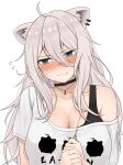  1girl absurdres ahoge animal_ears black_choker blush breasts choker cleavage embarrassed fang grey_eyes grey_hair highres hololive jewelry large_breasts lion_ears lion_girl long_hair micon pendant shishiro_botan virtual_youtuber wavy_mouth white_background 