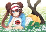  1girl bangs black_pantyhose blue_eyes blush brown_hair closed_mouth commentary_request day double_bun doughnut_hair_bun flower hair_between_eyes hair_bun legs_up legwear_under_shorts lying on_stomach outdoors pantyhose pokemon pokemon_(creature) pokemon_(game) pokemon_bw2 raglan_sleeves ray_(rays_26) rosa_(pokemon) shorts sleeping smile snivy twintails visor_cap white_flower yellow_shorts 