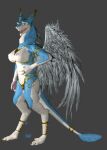  3d_(artwork) andromorph anthro blender_(software) blue_body blue_fur digital_media_(artwork) feathered_wings feathers female fur gold_(metal) gold_bra gold_chastity_device gold_clothing gold_jewelry green_eyes intersex jewelry kate_(morpheuskibbe) model predator111x sergal solo wings 