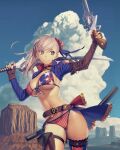  1girl alternate_costume american_flag_bikini asymmetrical_hair belt bikini breasts cleavage cloud cloudy_sky cowboy_western desert elbow_gloves fate/grand_order fate_(series) fingerless_gloves flag_print gloves highres holding holding_sword holding_weapon holster katana koyama_hirokazu large_breasts miyamoto_musashi_(fate) miyamoto_musashi_(swimsuit_berserker)_(fate) miyamoto_musashi_(swimsuit_berserker)_(second_ascension)_(fate) obi outdoors ponytail sash scabbard sheath shrug_(clothing) single_thighhigh sky solo swimsuit sword thigh_holster thighhighs weapon 