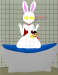  anthro arkedo ash_the_dead_rabbit balancing balls bathroom bathtub bone cape clothing curvy_figure english_text genitals hell_yeah!_wrath_of_the_dead_rabbit hi_res lagomorph leporid male mammal matborowski object_on_penis penis rabbit red_clothing rubber_duck sega skeleton solo tagme text water wide_hips yellow_eyes 