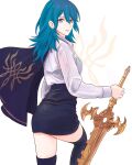  1girl ass bangs black_cape black_skirt black_thighhighs blue_hair breasts byleth_(fire_emblem) byleth_(fire_emblem)_(female) cape closed_mouth collared_shirt commentary english_commentary feet_out_of_frame fire_emblem fire_emblem:_three_houses from_behind hair_between_eyes highres holding holding_sword holding_weapon long_hair long_sleeves looking_at_viewer looking_back medium_breasts purple_eyes shirt skirt smile solo standing standing_on_one_leg sword thighhighs truejekart weapon white_background white_shirt 