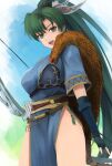  1girl :d absurdres arrow_(projectile) black_gloves blue_dress bow_(weapon) breasts commentary cowboy_shot dress fingerless_gloves fire_emblem fire_emblem:_the_blazing_blade fire_emblem_heroes gloves green_eyes green_hair highres labebebe_lee large_breasts long_hair lyn_(fire_emblem) open_mouth pelvic_curtain ponytail sash side_slit smile solo standing thighs upper_body very_long_hair weapon yellow_sash 