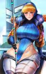  1girl adapted_costume alternate_breast_size animification apex_legends badcompzero bangs blonde_hair blue_eyes blue_gloves blue_headwear blush bodysuit breasts freckles gloves highres holding holding_pole jacket large_breasts leaning_back lichtenberg_figure olympus_(apex_legends) orange_jacket pole scar scar_on_cheek scar_on_face sitting smile solo wattson_(apex_legends) white_bodysuit 