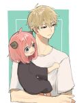  1boy 1girl anya_(spy_x_family) bangs blue_eyes blush carrying child child_carry dress father_and_daughter female_child green_eyes hairpods parted_lips pink_hair porucheee shirt short_sleeves sleeves_past_elbows spy_x_family t-shirt twilight_(spy_x_family) 