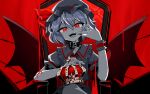  1girl 5cmremilia :d ambiguous_red_liquid barbed_wire bat_wings black_collar collar collared_shirt crown fangs finger_in_own_mouth frilled_shirt_collar frilled_sleeves frills hair_between_eyes hat hat_ribbon highres holding holding_crown king_(vocaloid) limited_palette mob_cap puffy_short_sleeves puffy_sleeves red_background red_eyes red_ribbon red_theme remilia_scarlet ribbon shirt short_hair short_sleeves sitting slit_pupils smile throne touhou wings wrist_cuffs 
