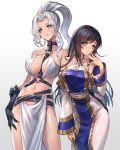  2girls bare_shoulders black_hair blue_eyes breasts closed_mouth detached_sleeves dress earrings gensou_suikoden gensou_suikoden_v gloves green_eyes high_ponytail jeane_(gensou_suikoden) jewelry long_hair long_sleeves looking_at_viewer multiple_girls navel oro_(sumakaita) ponytail revealing_clothes simple_background smile viki_(suikoden) white_background 