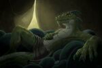  2022 3:2 anthro claws digital_drawing_(artwork) digital_media_(artwork) green_body green_scales hi_res iguanid lizard looking_at_viewer lying male multicolored_body nude on_back pillow reku_illustration reptile scales scalie shaded signature smile smiling_at_viewer solo spines tent two_tone_body widescreen yellow_eyes 
