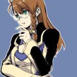  1girl bangs black_jacket blue_background braid breasts brown_hair cleavage cleavage_cutout clothing_cutout copyright_request glasses green_eyes jacket long_hair long_sleeves oto_nagi outline parted_lips shion_uzuki simple_background solo upper_body white_outline xenosaga 
