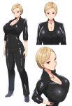  1girl black_footwear black_jacket black_pants blonde_hair breasts cleavage collarbone commission full_body highres huge_breasts jacket jewelry kloah looking_at_viewer multiple_views necklace open_clothes open_jacket pants red_eyes short_hair simple_background skeb_commission standing t-x terminator_3:_rise_of_the_machines white_background 