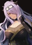  1girl black_background black_headband breasts camilla_(fire_emblem) choker cleavage fingerless_gloves fire_emblem fire_emblem_fates fire_emblem_heroes fishnets gloves hair_over_one_eye hand_up headband highres labebebe_lee large_breasts light_purple_hair long_hair pink_eyes purple_choker purple_gloves solo tongue tongue_out 