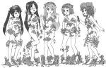  5girls :o akiyama_mio alloyrabbit blush english_commentary feet highres hirasawa_yui k-on! kotobuki_tsumugi legs long_hair monochrome multiple_girls nakano_azusa nude open_mouth short_hair simple_background tainaka_ritsu teeth thick_eyebrows twintails upper_teeth white_background 