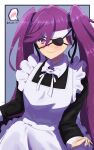  1girl akirahong_1130 bangs black_ribbon bleach bleach:_the_thousand-year_blood_war blush embarrassed eyepatch hair_between_eyes highres long_hair looking_at_viewer maid purple_eyes purple_hair ribbon saitou_furoufushi shinigami simple_background solo sweat twintails 