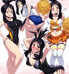  1girl black_hair black_one-piece_swimsuit blush breasts brown_eyes bunny_pose cheerleader clipboard dendra_(pokemon) gym_uniform hand_on_hip high_ponytail holding holding_clipboard large_breasts leaning_over legs multiple_views navel one-piece_swimsuit open_mouth playboy_bunny pokemon pokemon_(game) pokemon_sv pom_pom_(cheerleading) shimure_(460) simple_background skirt socks speech_bubble standing swimsuit thighhighs thighs white_background white_socks 