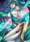  1girl absurdres breasts bridal_gauntlets cian_yo green_eyes green_hair green_nails highres large_breasts league_of_legends long_hair open_mouth patreon_username solo sona_(league_of_legends) thighhighs twintails 