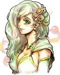 1girl aged_up breasts cleavage closed_mouth detached_sleeves earrings final_fantasy final_fantasy_iv green_eyes green_hair hair_ornament ikunosake jewelry long_hair looking_at_viewer rydia_(ff4) smile solo 